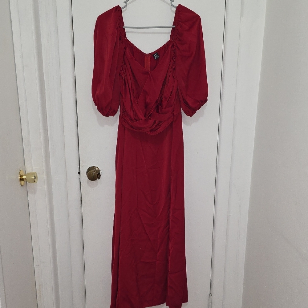 SHEIN Red Puff-Sleeve Draped Maxi Dress